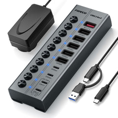 FIDECO Powered USB Hub with Individual On/Off Switches – USB 3.2 Multiport Hub for Desktop