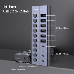 FIDECO 10 Ports USB 3.2 10Gbps Type C Type A Hub with Individual On/Off Switches Splitter