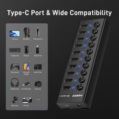 FIDECO 10 Ports USB 3.0 Hub with Individual On/Off Switches Splitter