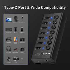 FIDECO 7 Ports USB 3.0 Hub with Individual On/Off Switches Splitter