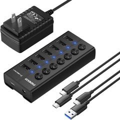 FIDECO 7 Ports USB 3.0 Hub with Individual On/Off Switches Splitter