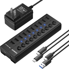 FIDECO 10 Ports USB 3.0 Hub with Individual On/Off Switches Splitter