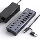 FIDECO 10 Ports USB 3.2 10Gbps Type C Type A Hub with Individual On/Off Switches Splitter