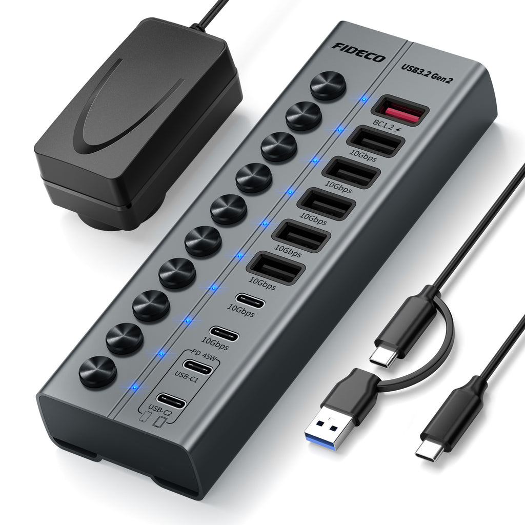 FIDECO Powered USB Hub with Individual On/Off Switches – USB 3.2 Multi