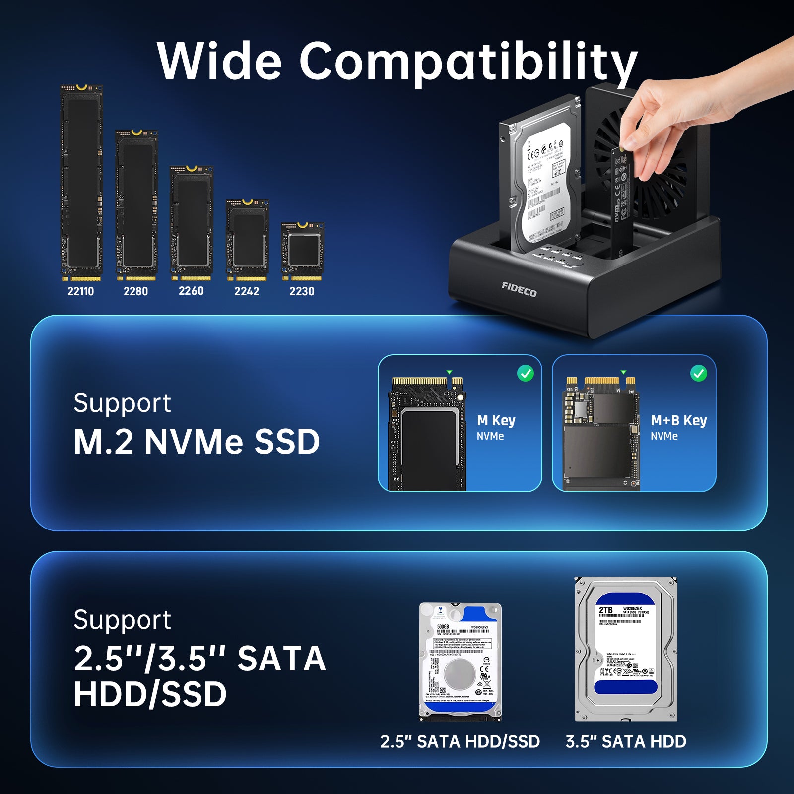 FIDECO Station d'Accueil pour Disque Dur M.2 NVME et SATA HDD de 2,5 et 3,5 avec Ventilateur de Refroidissement - Dissipation Ultime FIDECO Station d'Accueil pour Disque Dur M.2 NVME et SATA HDD de 2,5 et 3,5 avec Ventilateur de Refroidissement - Dissipation Ultime