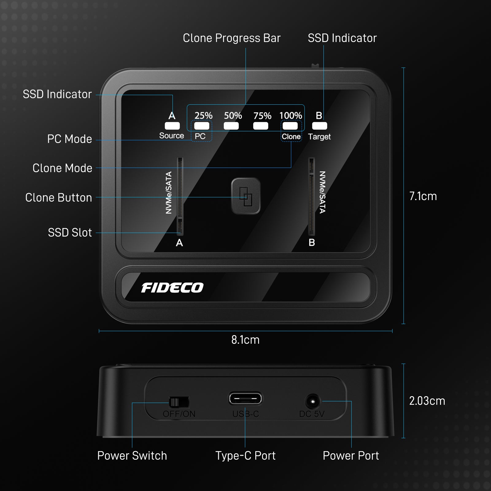 Fideco Program FIDECO ABS 2 Bay USB 3.2 20Gbps NVMe SATA Offline Clone Docking